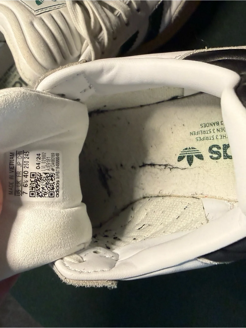 adidas White Sneakers with Green Stripes and Gum Sole